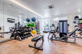 a gym with cardio equipment and mirrors on the wall at Wilcox, Seattle, Washington, 98107